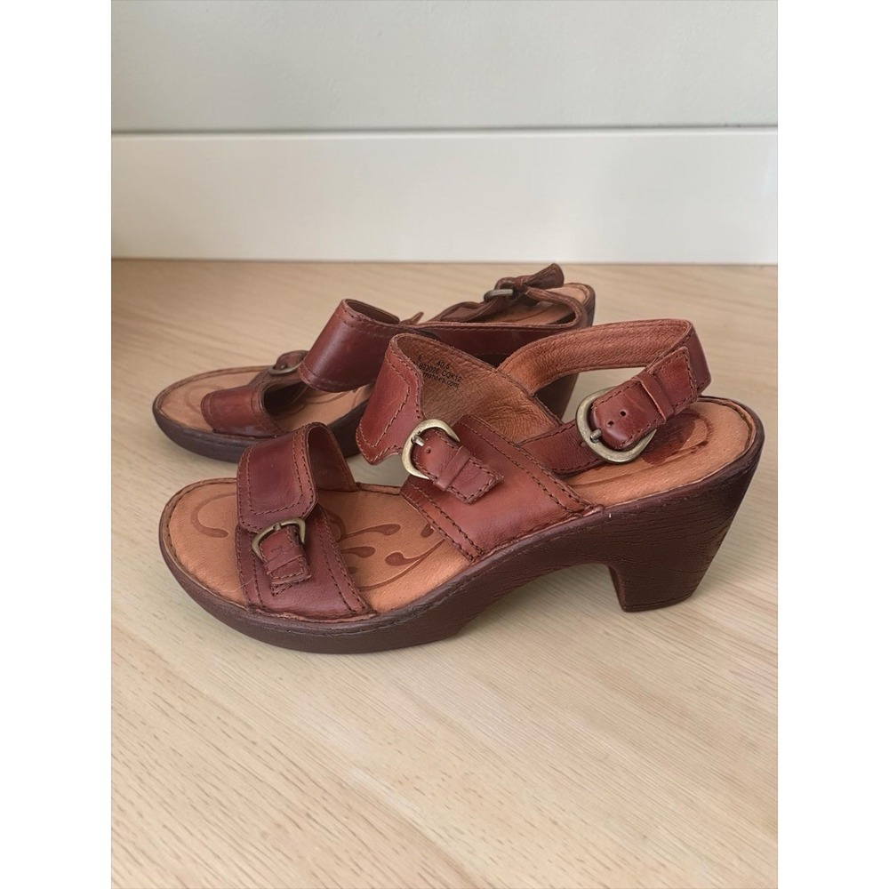 Born Women's Leather Sandals Heels Brown Strap Buckle Open Toe Sz 9 M/W *Read
